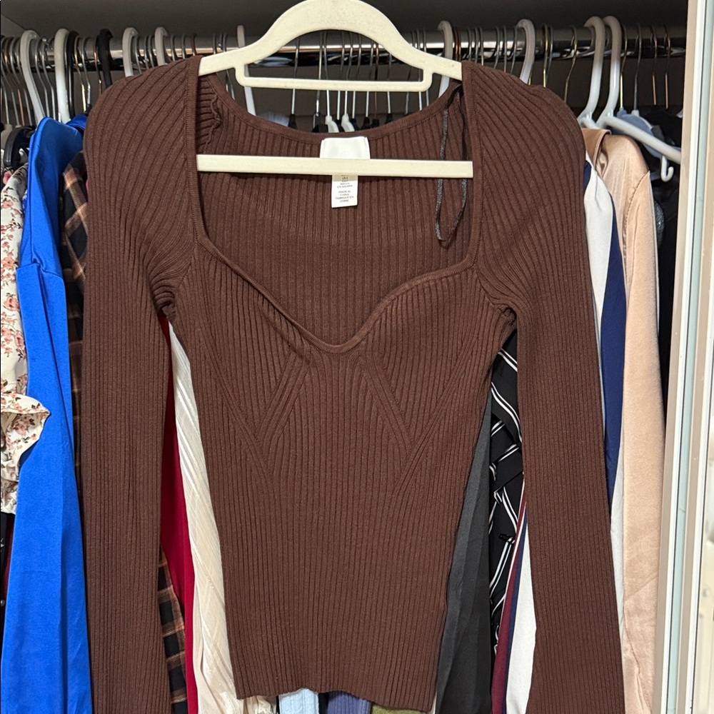Brown Ribbed Knit Women's Top